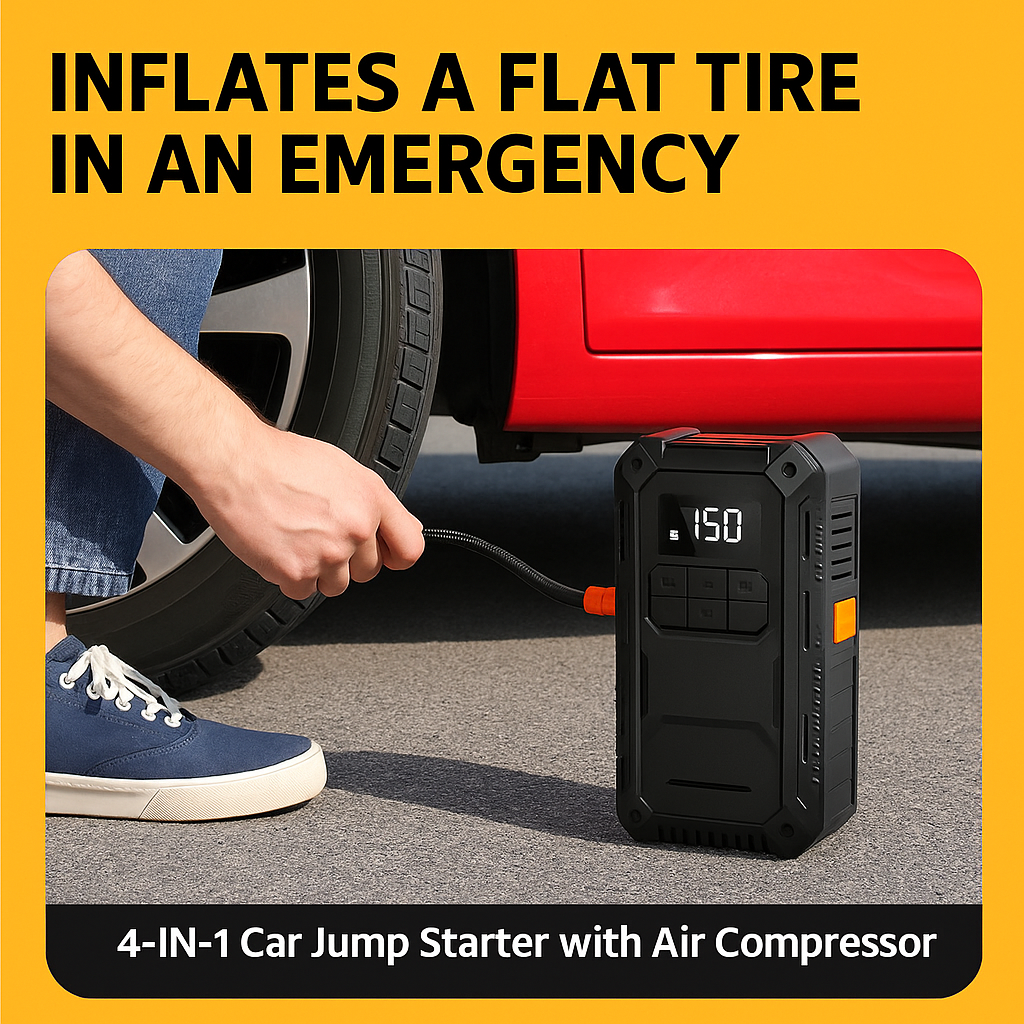 Heavy-Duty 4-in-1 Car Jump Starter with Air Pump and Power Bank