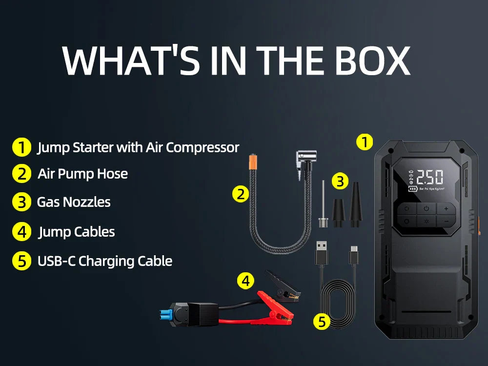 Heavy-Duty 4-in-1 Car Jump Starter with Air Pump and Power Bank